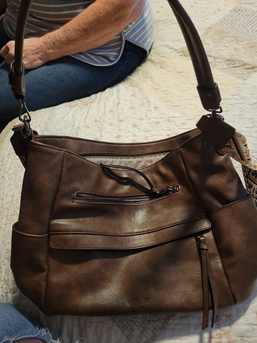 Women's Brown Faux Leather Shoulder Bag with Front Zip Pocket